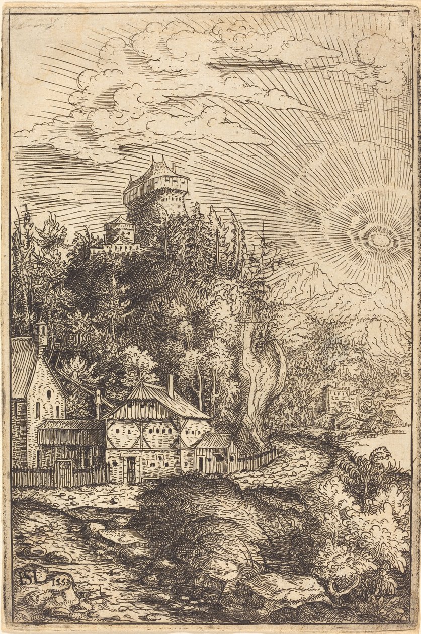 带有城堡和太阳辐射的风景，1553年。 作者 汉斯·塞巴尔德·劳滕萨克
