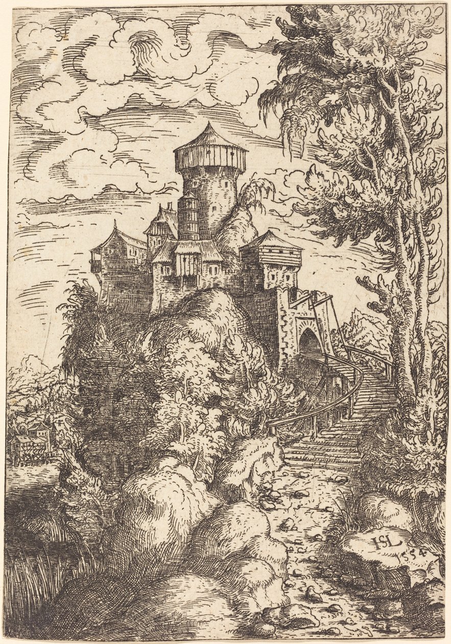 带有堡垒和大楼梯的风景，1554年。 作者 汉斯·塞巴尔德·劳滕萨克