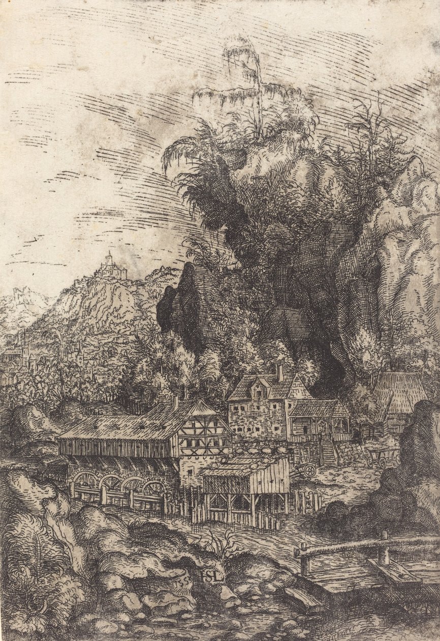 有水磨的风景，1553年。 作者 汉斯·塞巴尔德·劳滕萨克