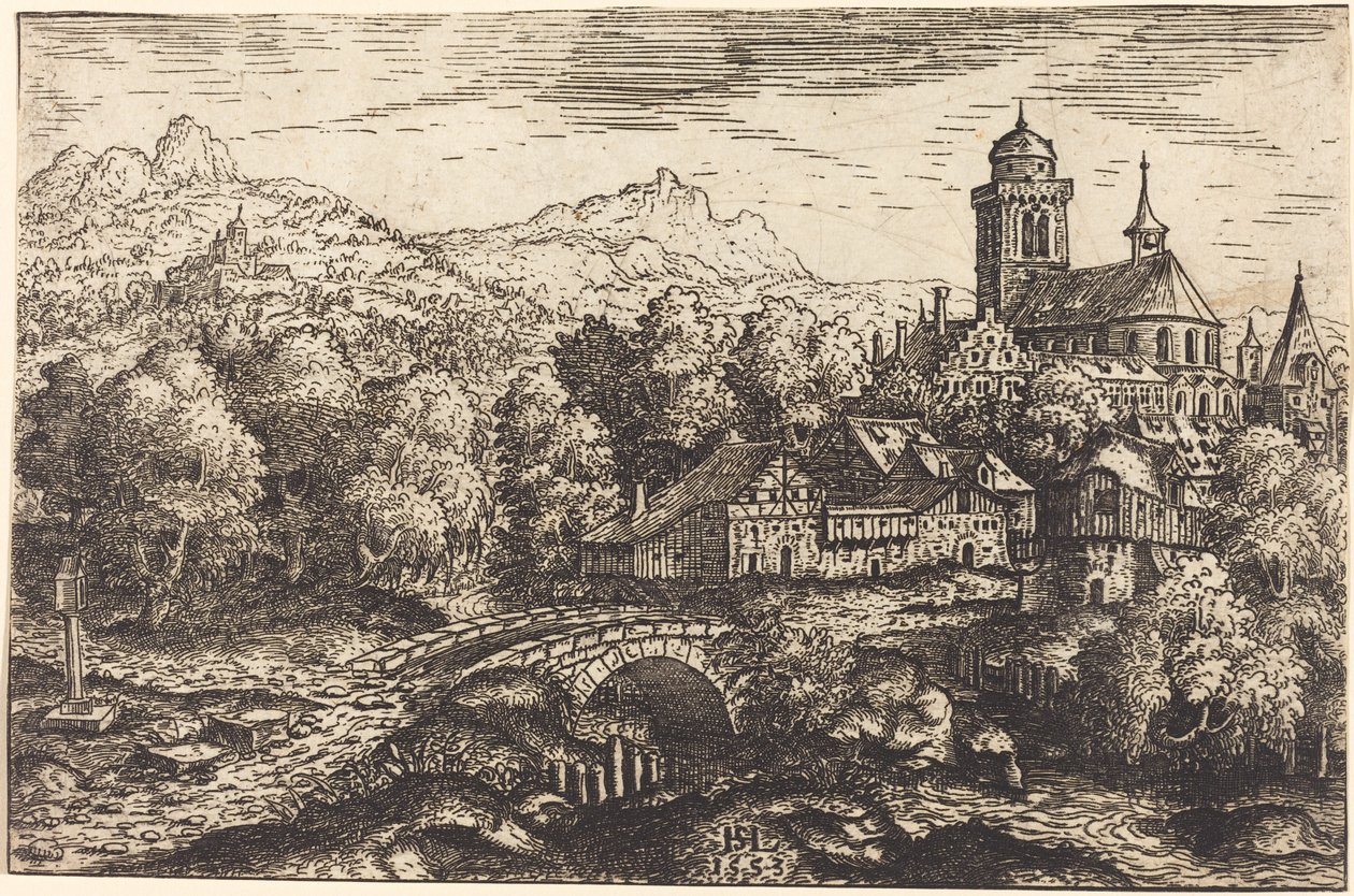 带有村庄的山区景观，1553年。 作者 汉斯·塞巴尔德·劳滕萨克
