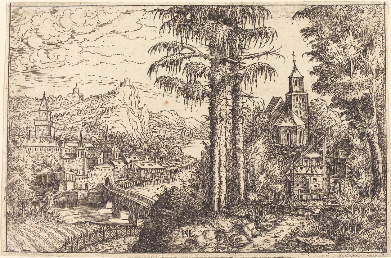 靠近河流的城镇景观，右边有一座教堂，1553年。 作者 汉斯·塞巴尔德·劳滕萨克