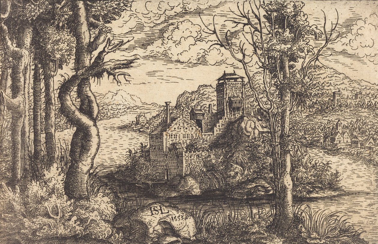 河流上的风景与岛上的城堡，1553年。 作者 汉斯·塞巴尔德·劳滕萨克