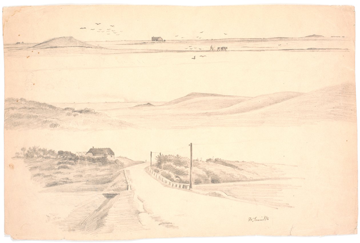 日德兰半岛三幅风景画的研究报告。上图：犁田景观；中图：高山景观；下图：房屋和道路景观 作者 汉斯史密斯