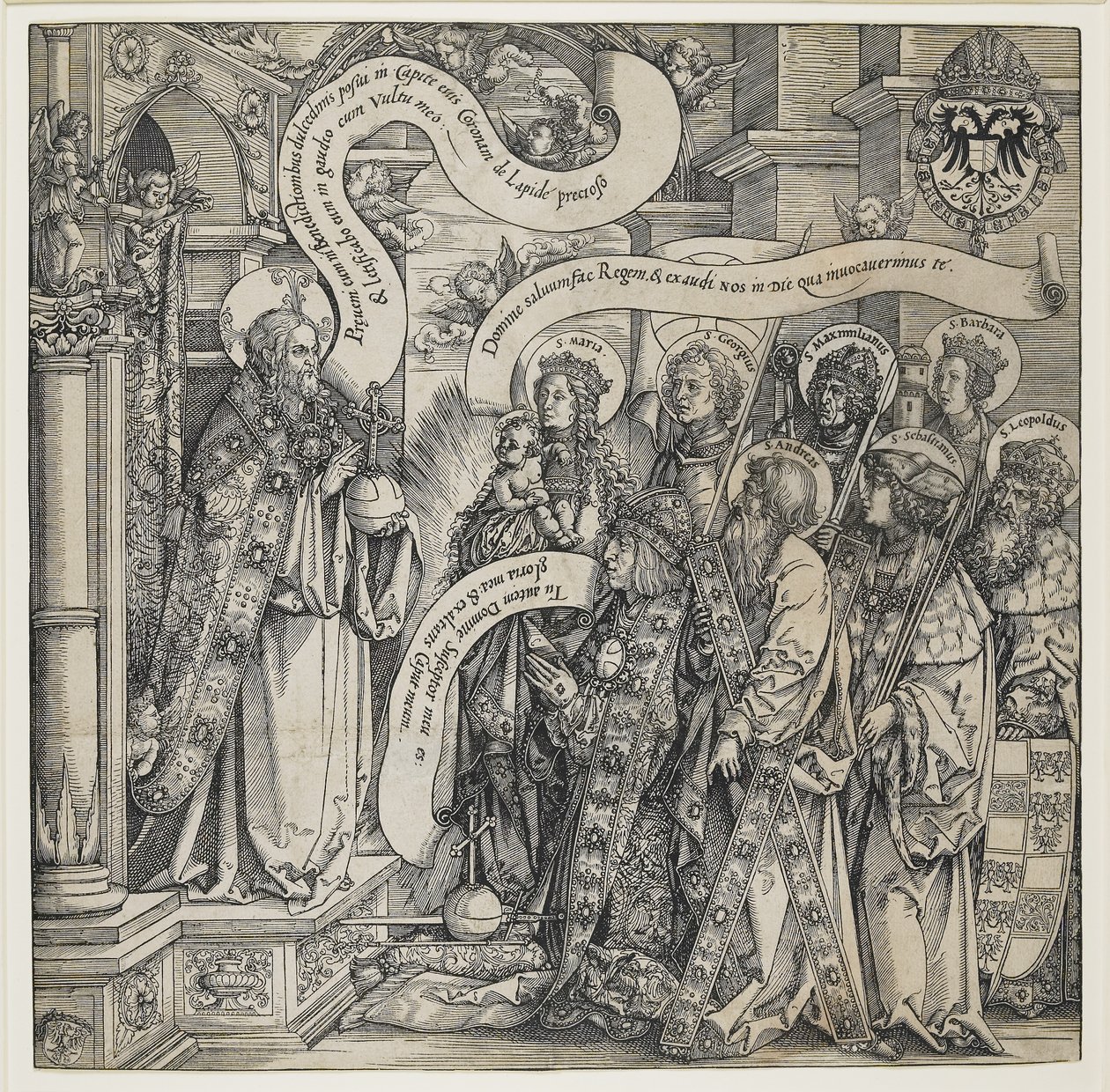 马克西米利安（Maximilian）由他的守护神（Patron Saints）于1519年向全能者展示 作者 汉斯·斯普林比克利