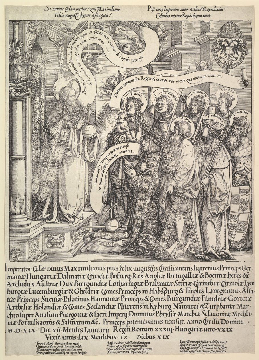 马克西米利安（Maximilian）由他的守护神赠与全能者，1519年。 作者 汉斯·斯普林比克利