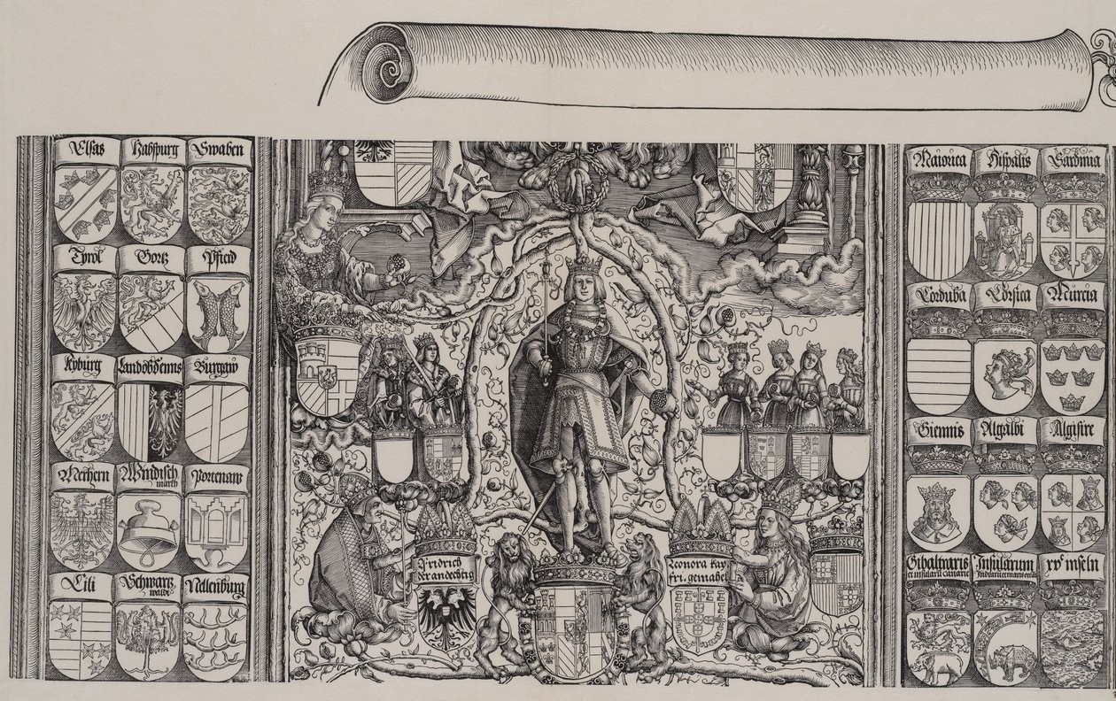 马克西米利安家谱的上半部分，以及该卷轴的右边缘，1515年。 作者 汉斯·斯普林比克利