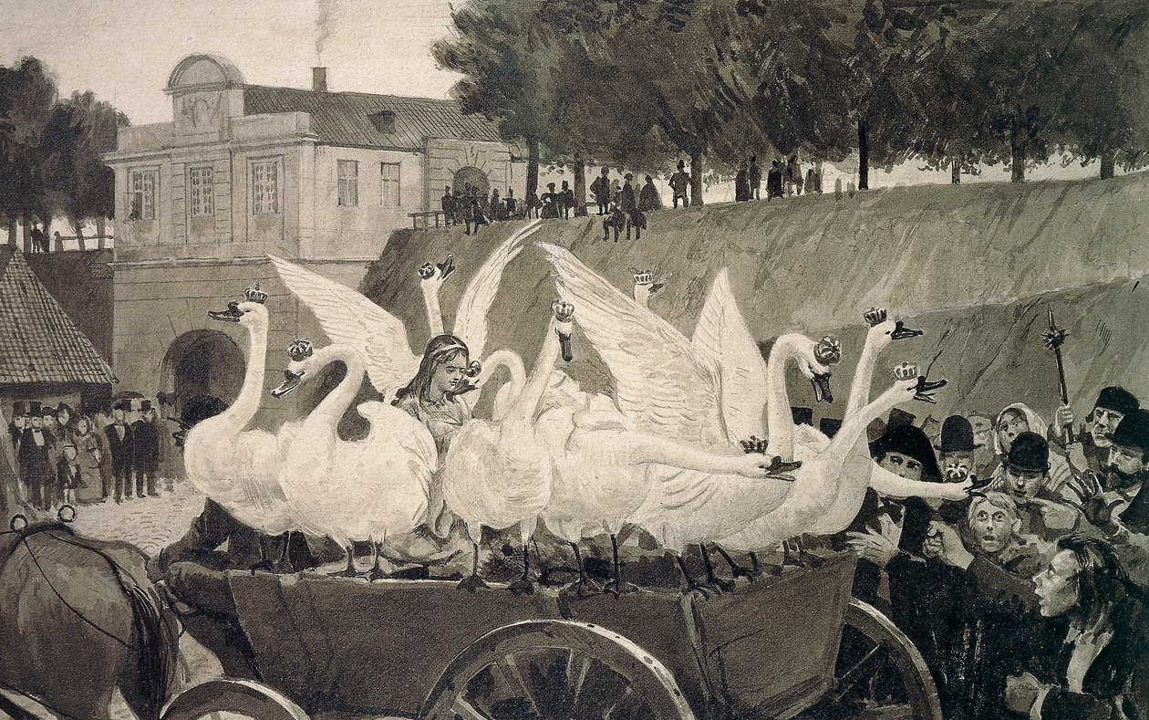野生天鹅，汉斯-泰格纳（1853-1932）为安徒生（1805-1875）的童话所作的插图。 作者 汉斯·泰格纳