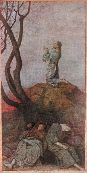 花园里的痛苦》，来自莱比锡出版的《节日庆典》的插图，约1910年（彩色平印）。 作者 汉斯·托马