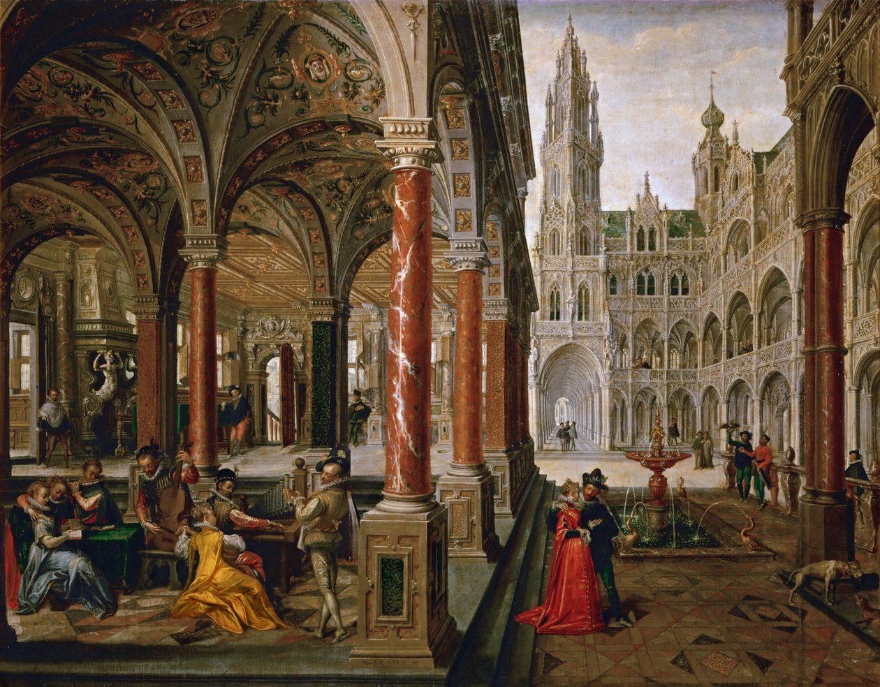 有音乐家的宫殿 - Hans Vredeman de Vries (Jan de Vriese 或 Friedman de Frise) (1526-1606)。 布面油画 作者 汉斯·弗里德曼·德·弗里斯