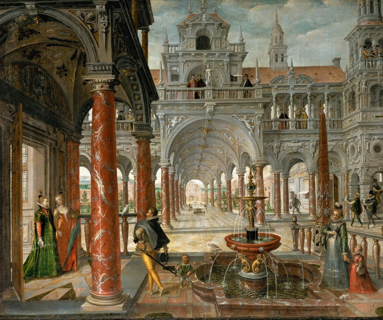 Un palais avec des visiteurs distingues--有贵客的宫殿--汉斯-弗里德曼-德-弗里斯（Jan de Vriese ou Friedman de Frise）（1526-1606）。布面油画，约1596年。尺寸：137x164厘米。艺术史博物馆，维埃纳 作者 汉斯·弗里德曼·德·弗里斯