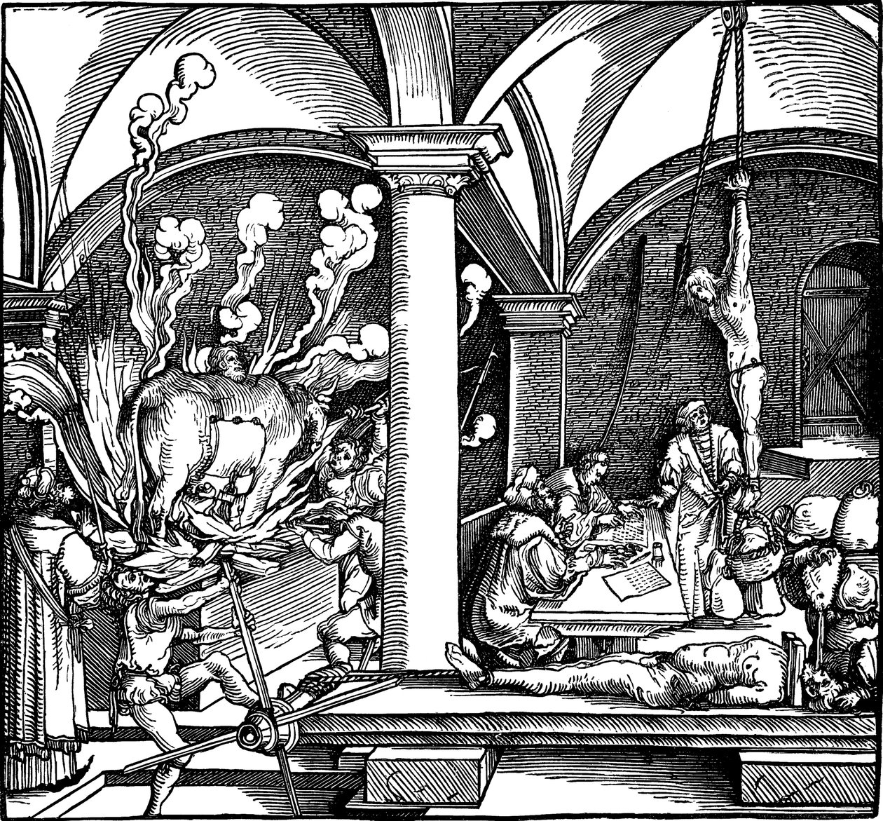 酷刑。插图取自Petrarch在1532年写的《 Phisicke Against Fortune》 作者 小汉斯·魏德兹