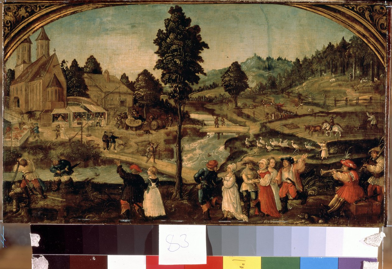 乡村节庆。汉斯-冯-韦尔廷格（Hans Von Wertinger，约 1465-1533 年）的画作。木板油画，22.5 x 40 厘米，15 世纪晚期。德国艺术，文艺复兴时期。圣彼得堡冬宫博物馆。 作者 汉斯·沃廷格
