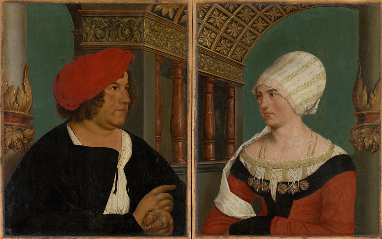 巴塞尔市长Jacob Meyer zum Hasen和他的妻子Dorothea Kannengiesser的双重肖像，1516年（石灰上的蛋彩画） 作者 汉斯追捕年轻的霍尔拜因