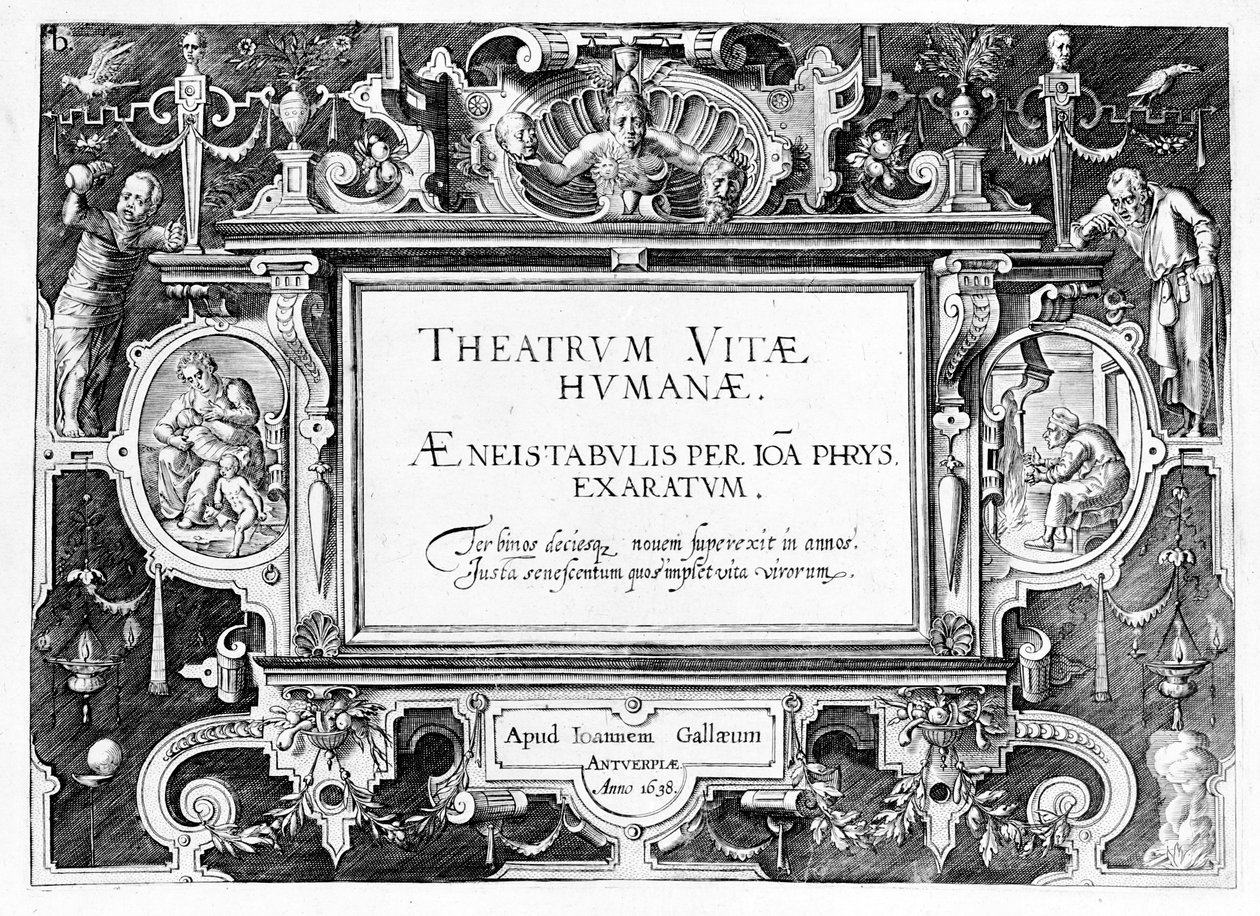 &39;Theatrum Vitae Humanae&39;的标题页，由Johannes Wierix（1549-c.1618）雕刻，于1638年重新印刷 作者 汉斯或扬·弗雷德曼·德·弗里斯
