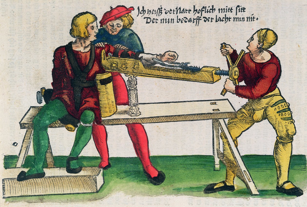 用于治疗手臂骨折的装置，来自Hans von Gersdorff的&39;Feldtbuch der Wundartzney&39;的插图，c.1540（彩色木刻） 作者 汉斯（Hans）或约翰内斯（Johannes Ulrich Wechtlin）