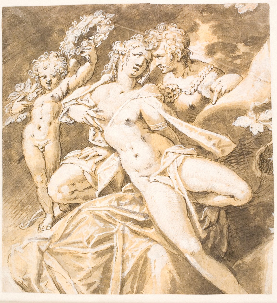 丹麦文：火星爱抚维纳斯；左侧：一个丘比特将花环递给维纳斯。一个丘比特递给她一个花环 作者 亚琛的汉斯