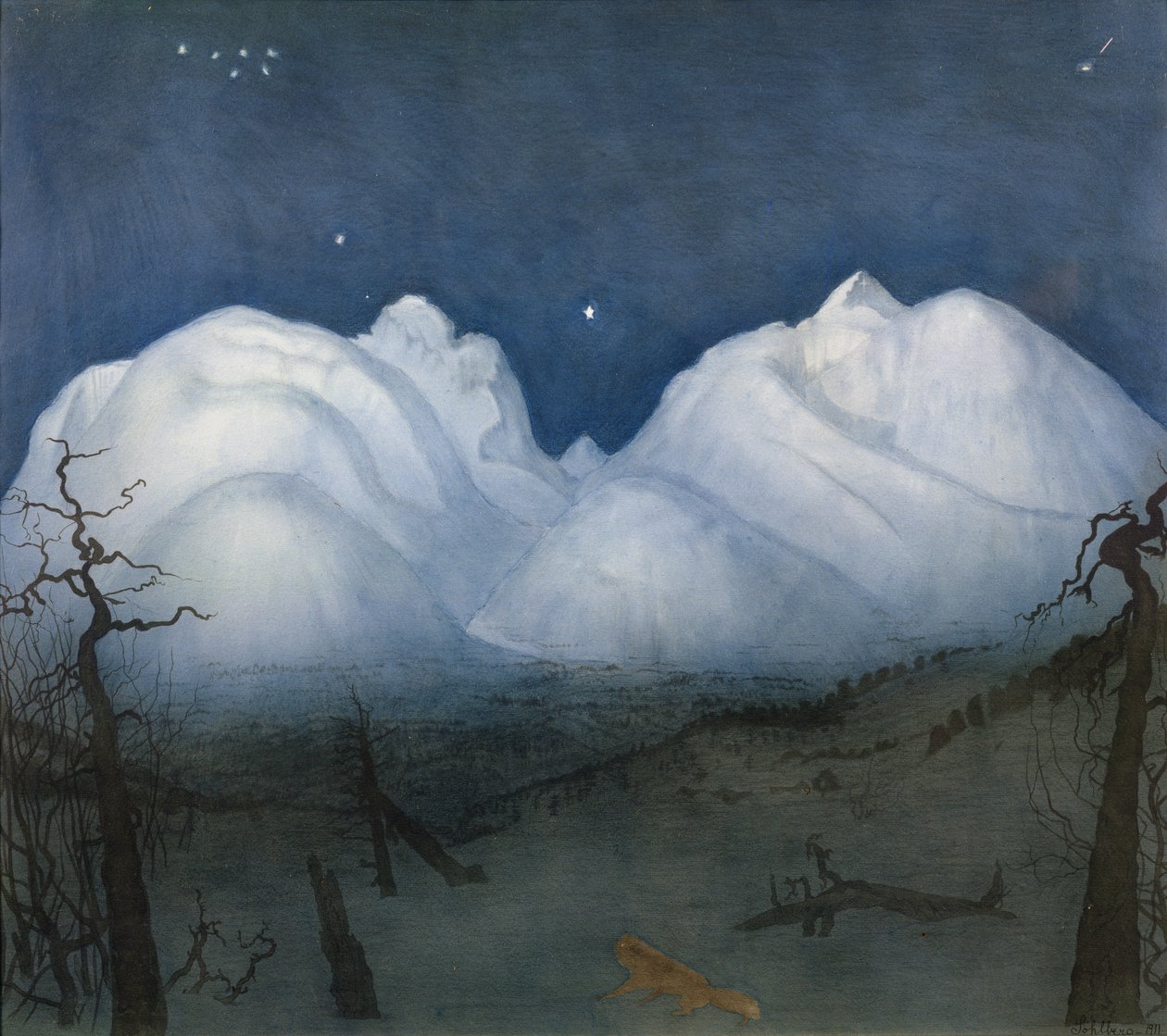 山中冬夜（纸上粉彩和水彩画） 作者 哈罗德·奥斯卡·索尔伯格