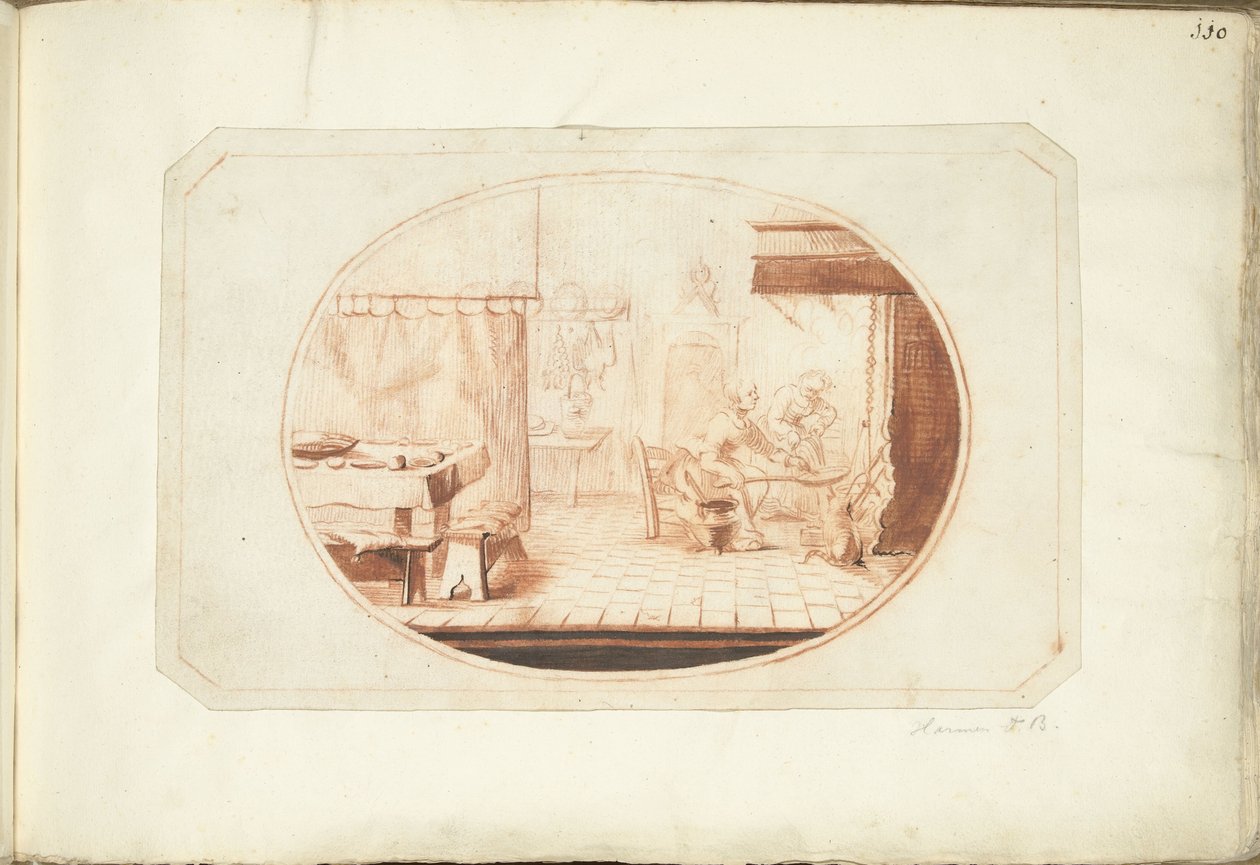 厨房内部，两个女人和一只猫，椭圆形 作者 Harmen ter Borch