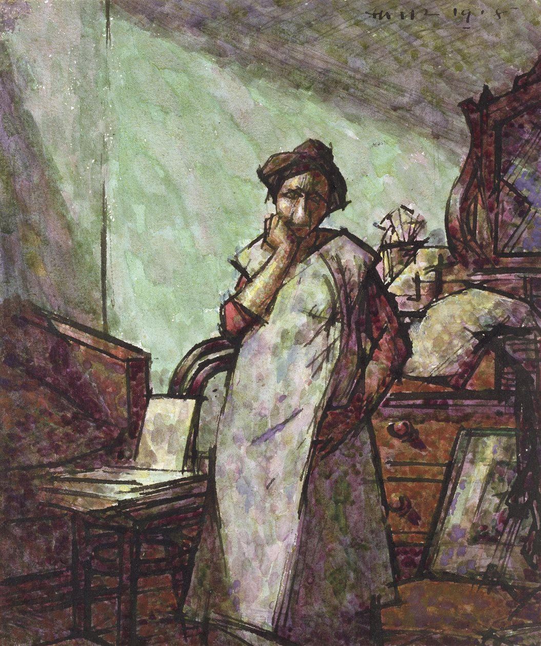 1918年12月1日，内部与Mounter夫人在一起（笔和黑色墨水和水彩画） 作者 哈罗德·吉尔曼
