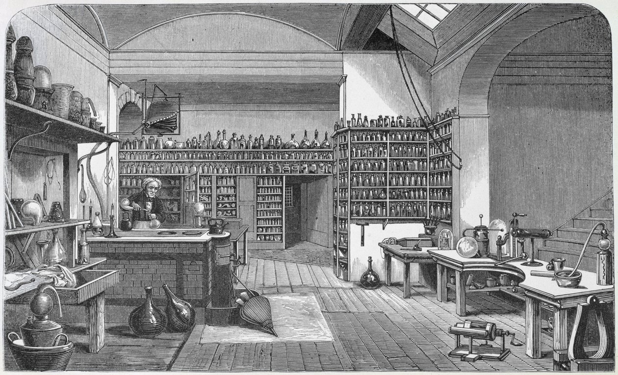 Michael Faraday（1791-1867）在他的地下室实验室，来自Henry Bence Jones的“法拉第的生活和信件”，1870年出版，1869年 作者 哈里特·简·摩尔