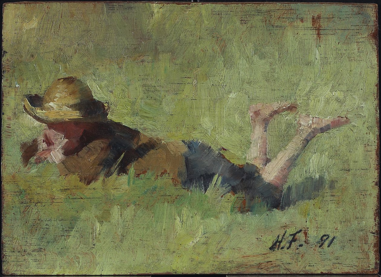 男孩躺在草地上，1890年（木板上的油） 作者 哈丽特·玛丽·福特（Harriet Mary Ford）