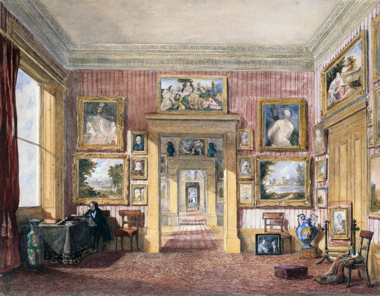 切尔滕纳姆Thirlestaine之家的餐厅，约1843年（水彩）。 作者 Harriet Rushout (attr. To) Bowles