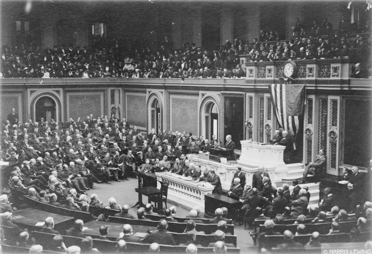 伍德罗-威尔逊总统向国会发表讲话，约 1917 年（黑白照片） 作者 哈里斯和尤因