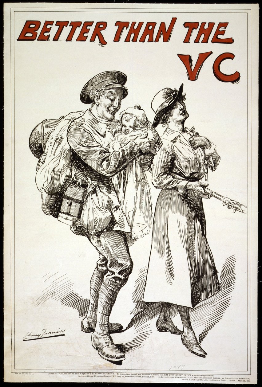 比VC更好。 （即维多利亚十字勋章） - 海报显示一名士兵抱着婴儿，因为他跟随他的妻子.1918 作者 哈里·弗尼斯（Harry Furniss）