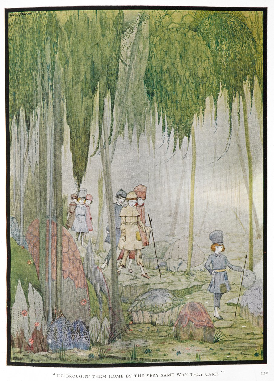 "他把他们原路带回了家"故事《小拇指》的插图。森林里的孩子们。 作者 哈里·克拉克