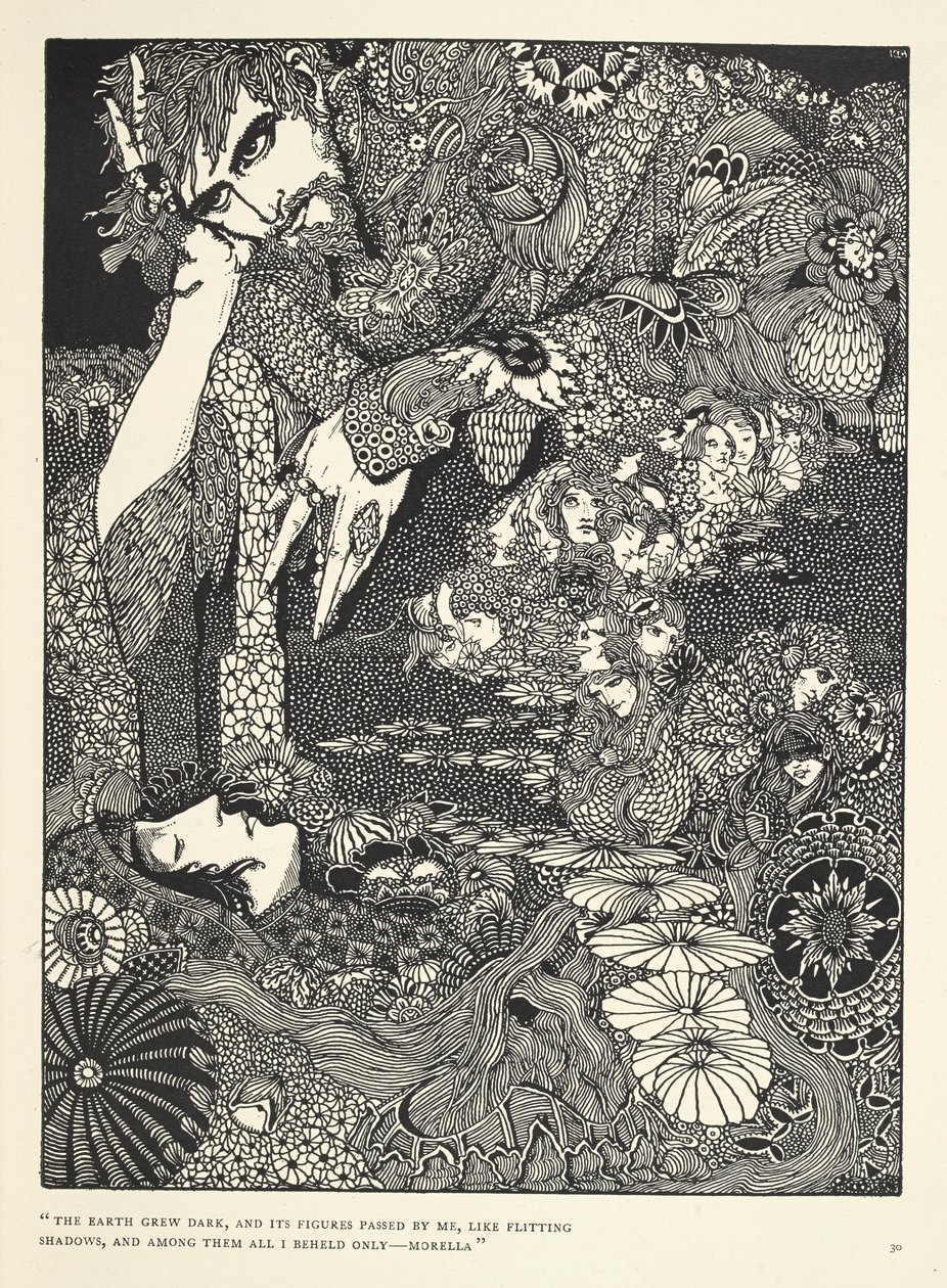 “大地变暗了，它的身影从我身边掠过，就像掠过的影子……莫雷拉。” 故事“莫雷拉”的插图。 作者 哈里·克拉克