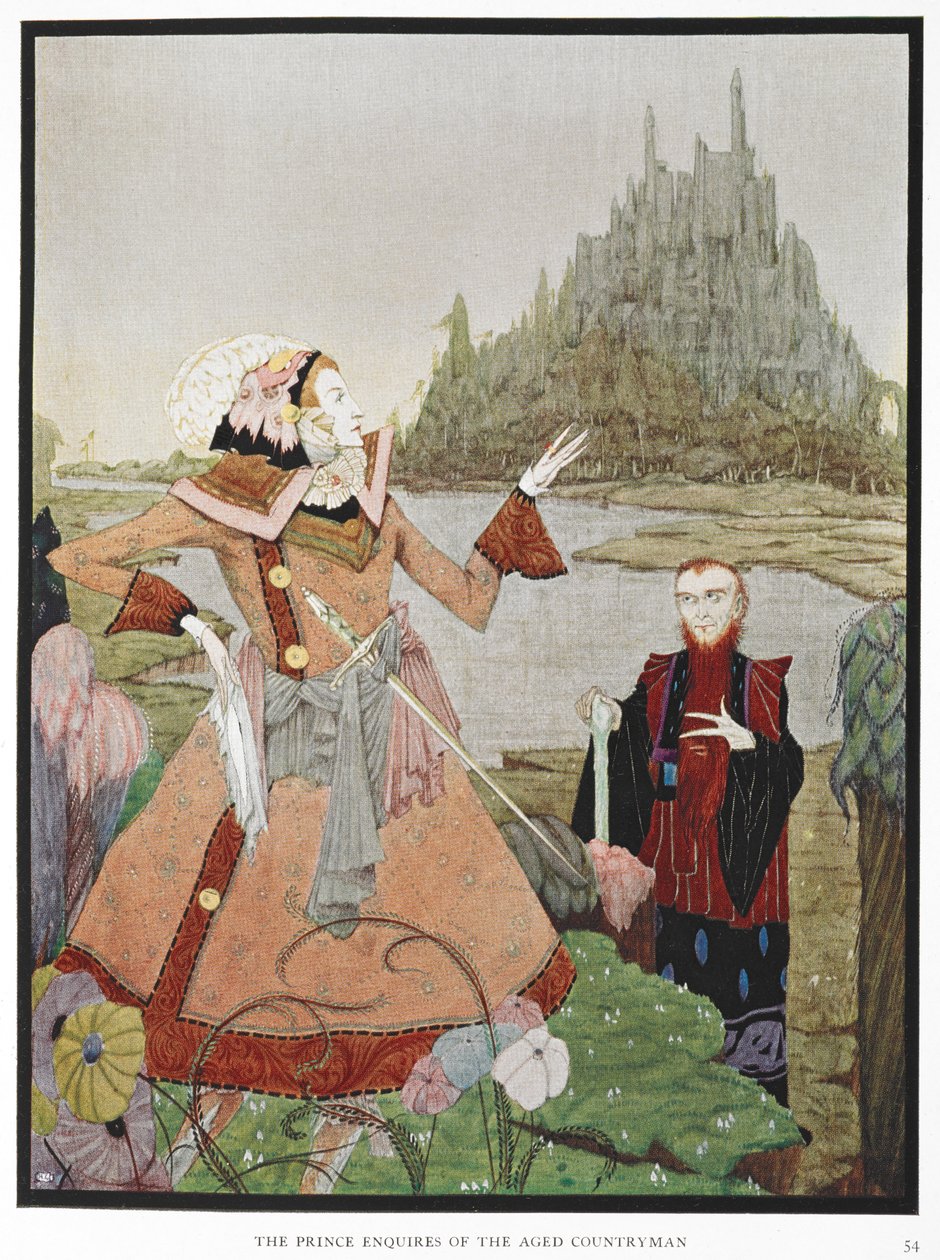 “王子询问老乡人。” 故事“睡美人”的插图。 作者 哈里·克拉克