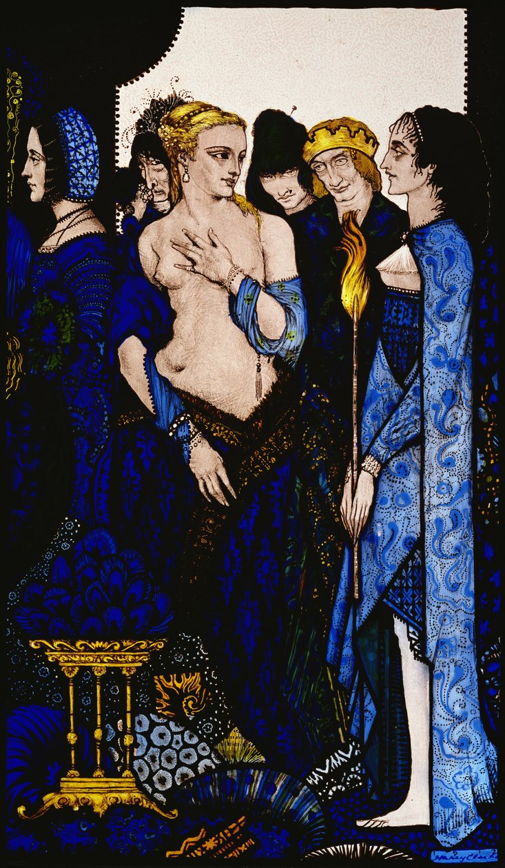 “我们将 Lucrezia Crivelli 和提香的有琥珀肚皮的女士命名为”，来自 J.M. Synge 的“Queens”的 Harry Clarke 的插图 作者 哈里·克拉克