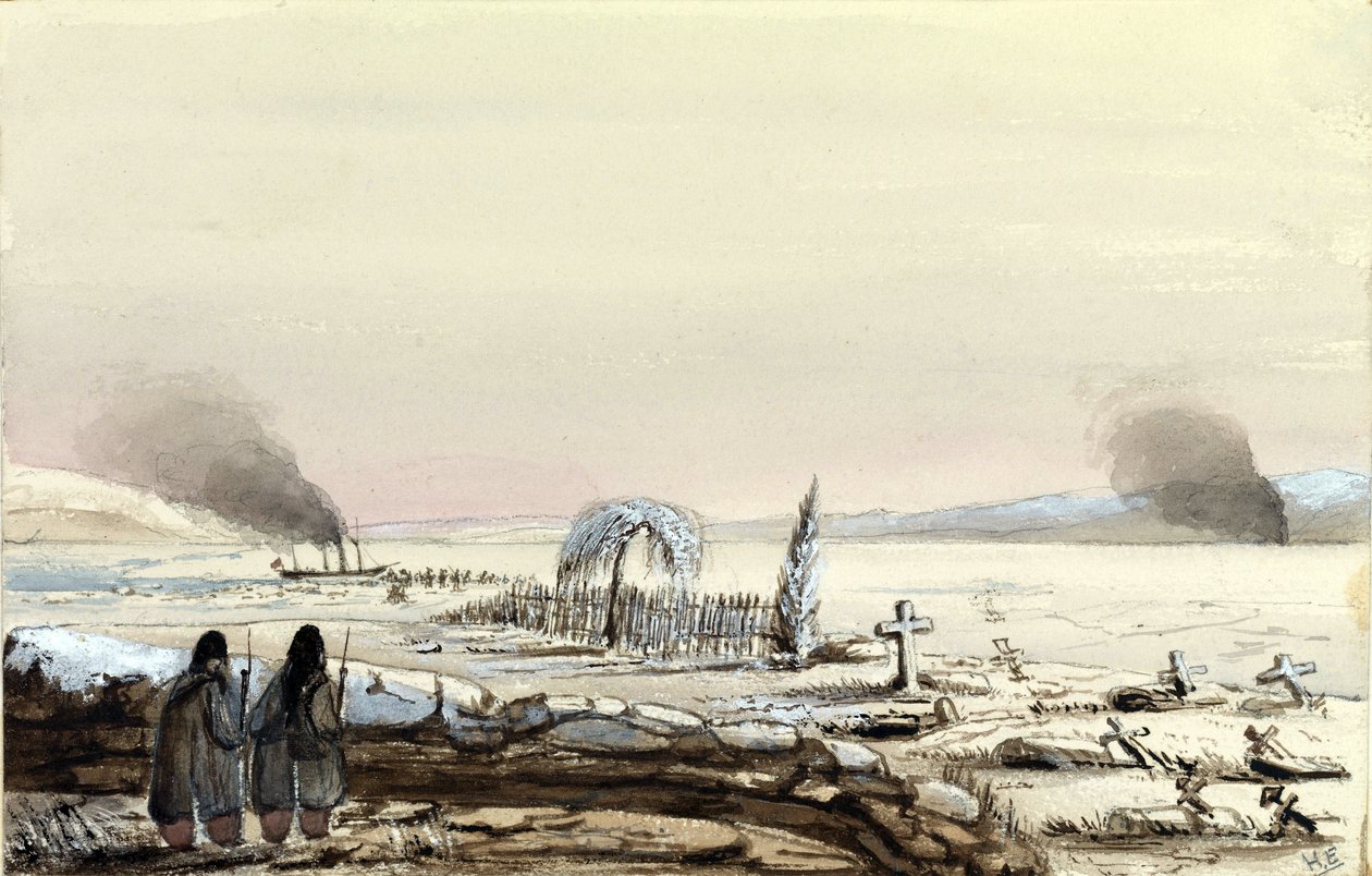 金本墓地（乌克兰，俄罗斯），1855 年。HMS Tribune 号截断了第聂伯河的冰冻水域。海军中将哈里-埃德蒙-埃杰尔（1809-1876 年）的画作，水彩 1855 年。 作者 哈里·埃德蒙·埃格尔