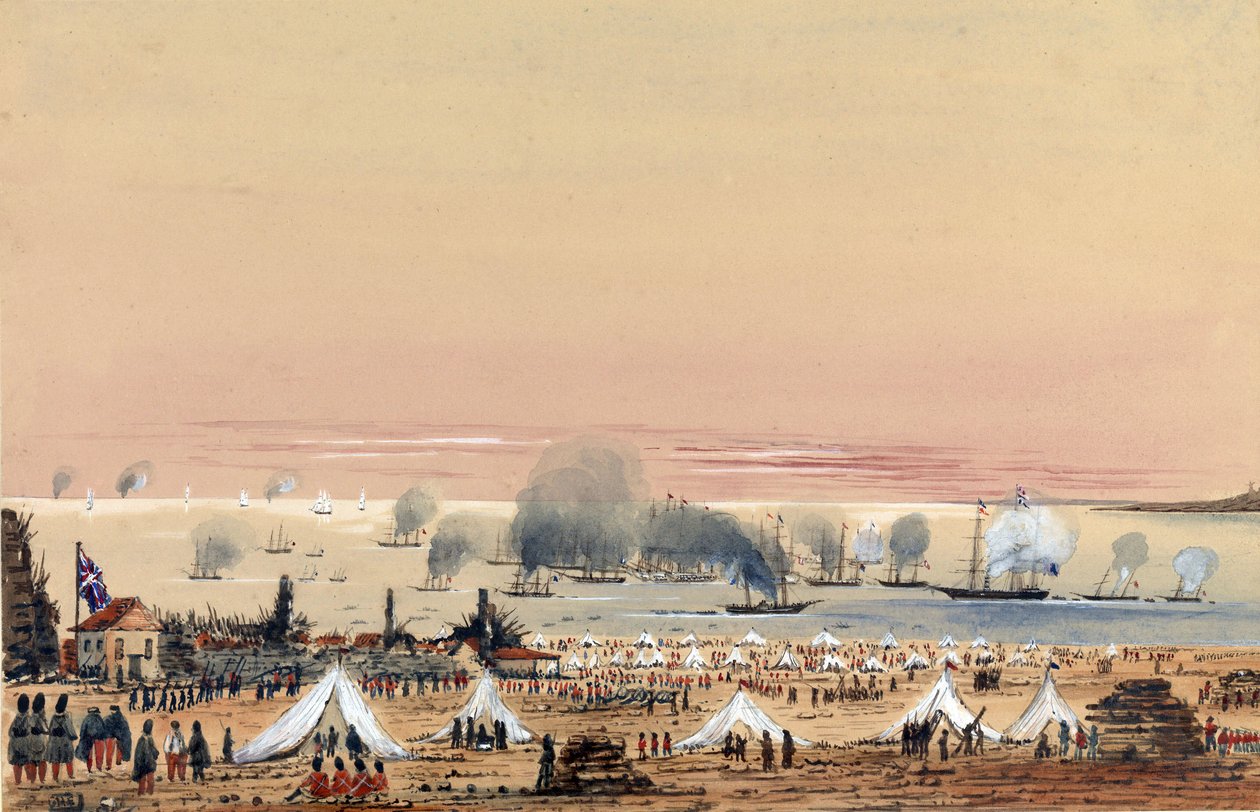 1855 年 10 月在金本（俄罗斯乌克兰）登陆，英军在岸边扎营，舰队停泊在近海，其中包括 HMS Tribune 号战舰 作者 哈里·埃德蒙·埃格尔