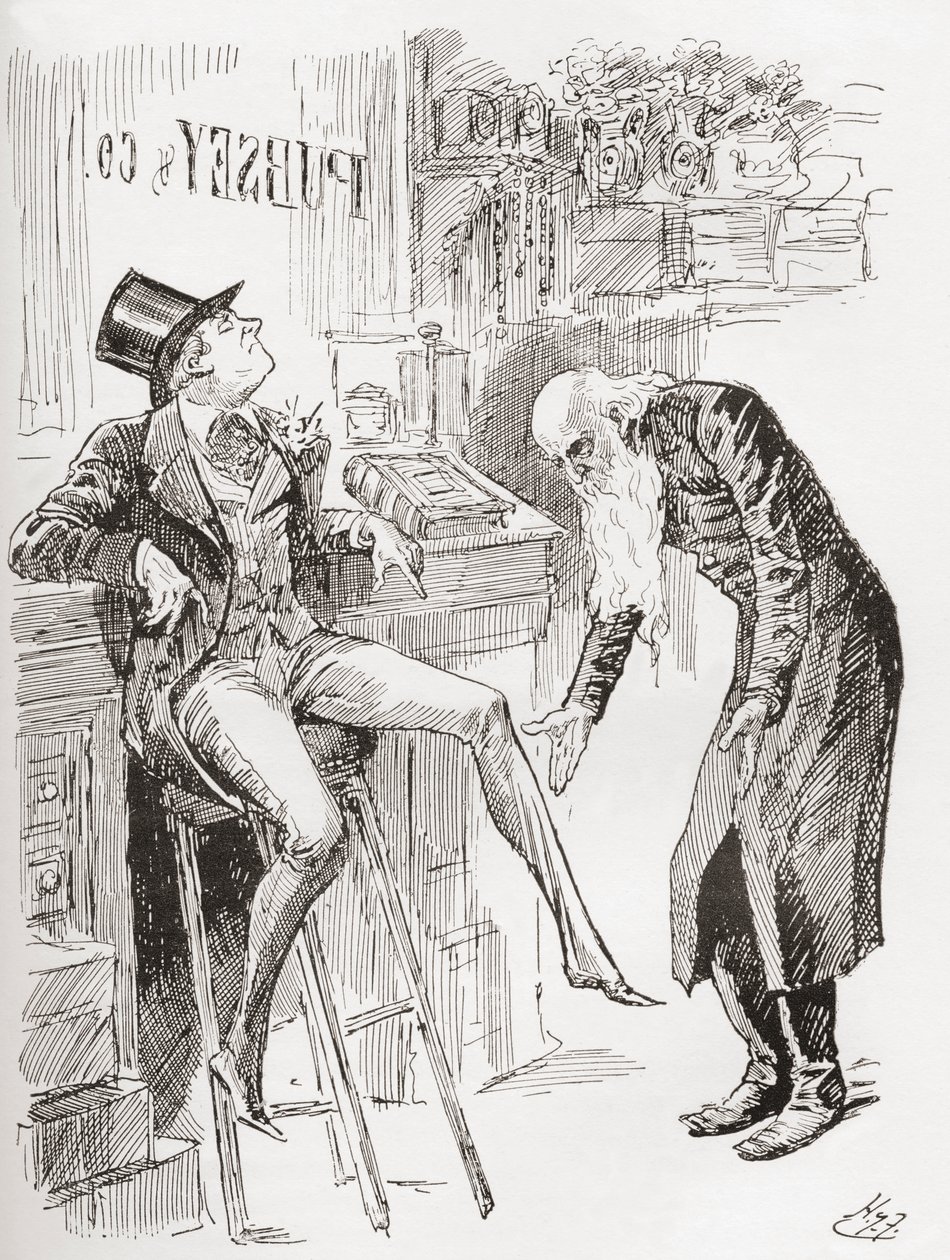 Fledgeby and Mr. Riah in the Counting House. "Perched on the stool with his hat cocked on his head and one of his legs dangling, the youth of Fledgeby hardly contrasted to advantage with the age of the Jewish man, with his bare head bowed, and his eyes on  作者 哈里·弗尼斯（Harry Furniss）