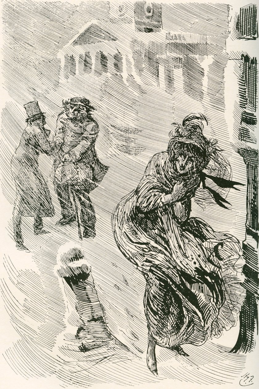 流浪者玛莎。 哈里·福尼斯 (Harry Furniss) 为查尔斯·狄更斯 (Charles Dickens) 的小说《大卫·科波菲尔》 (David Copperfield) 绘制的插图，出自《感言版》，1910 年出版。 作者 哈里·弗尼斯（Harry Furniss）
