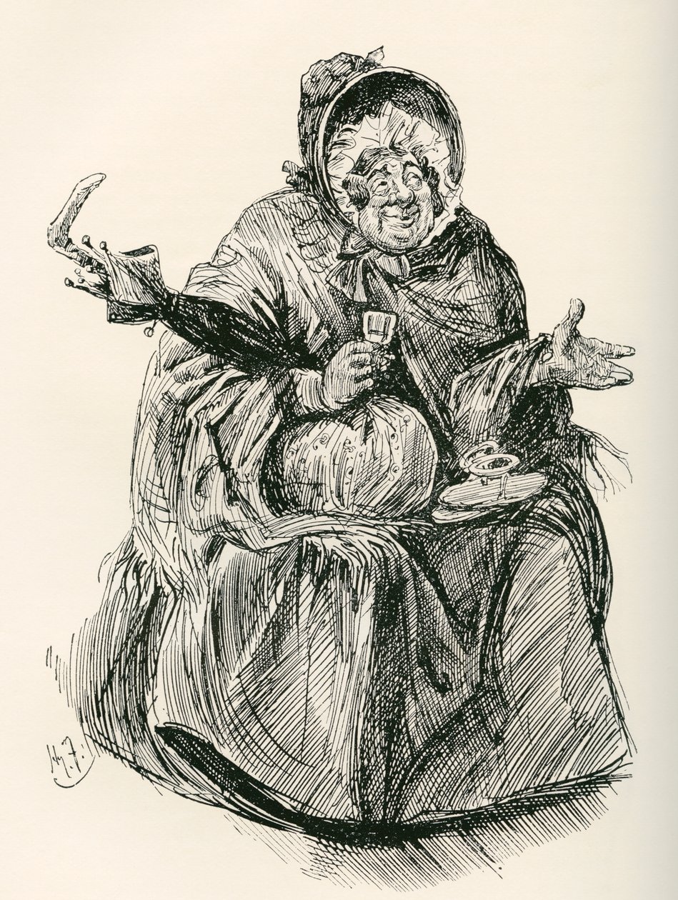 甘普夫人。 哈里·福尼斯 (Harry Furniss) 为查尔斯·狄更斯 (Charles Dickens) 小说《马丁·查兹勒维特》 (Martin Chuzzlewit) 绘制的插图，出自《感言版》，1910 年出版。 作者 哈里·弗尼斯（Harry Furniss）