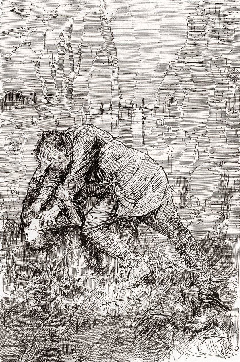 皮普与越狱者的斗争。" 作者 哈里·弗尼斯（Harry Furniss）