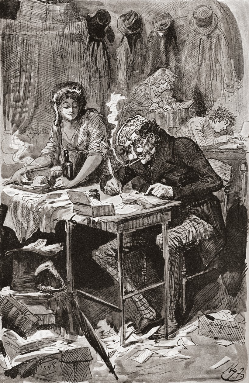 乞讨信作者。 哈里·弗尼斯 (Harry Furniss) 为查尔斯·狄更斯 (Charles Dickens) 的小说《远大前程》 (Great Expectations) 绘制的插图，摘自 1910 年出版的见证版。 作者 哈里·弗尼斯（Harry Furniss）