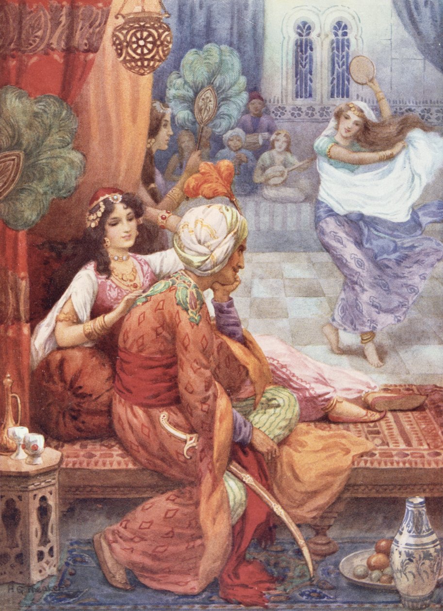 艾哈迈德王子和仙女巴努》，插图选自《一千零一夜》中的儿童故事，作者罗斯-叶特曼-伍尔夫，约 1920 年（彩色石版印刷）。 作者 哈里·乔治·西克