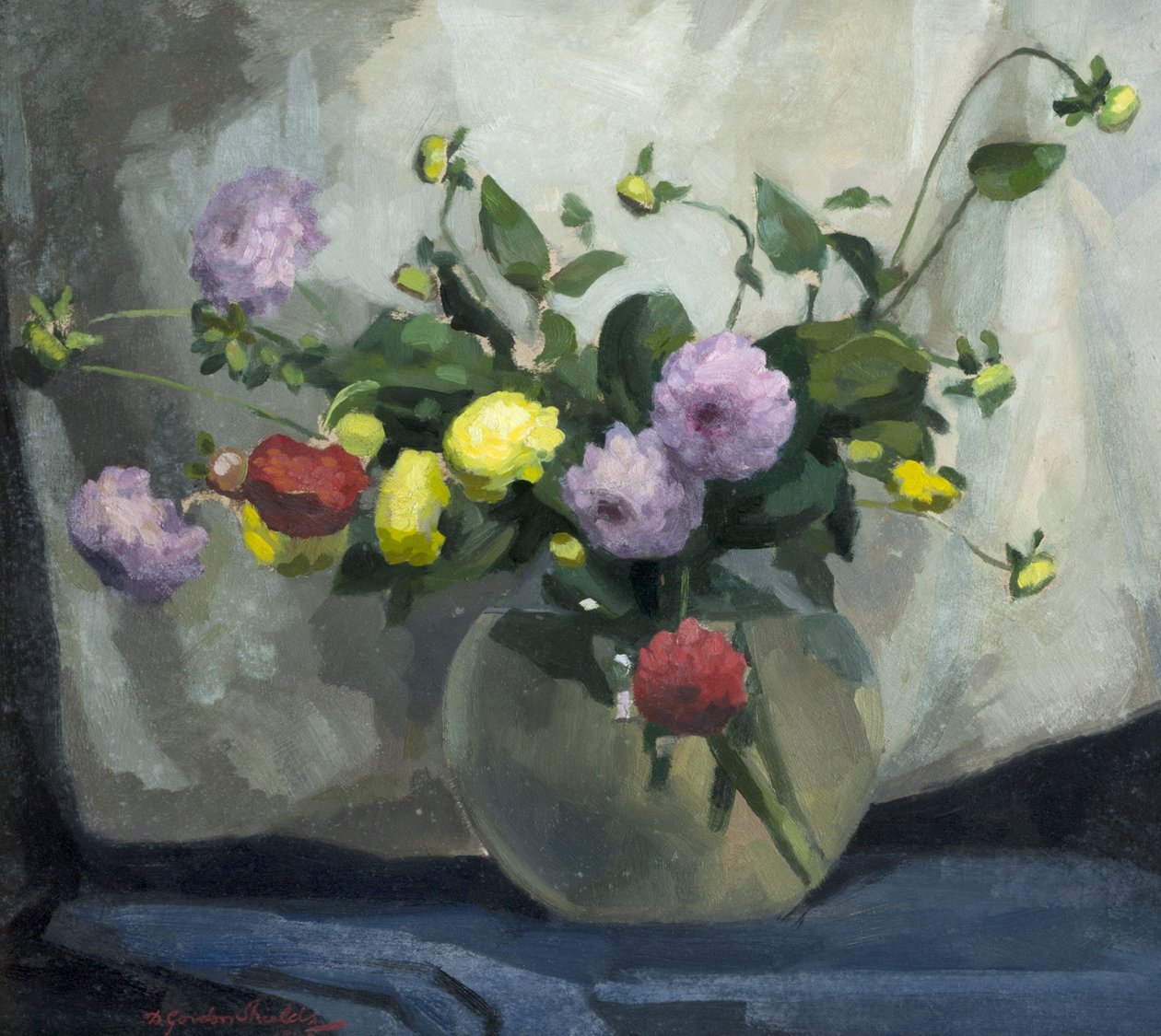 静物，Pompom Dahlias 作者 哈里·戈登·希尔兹