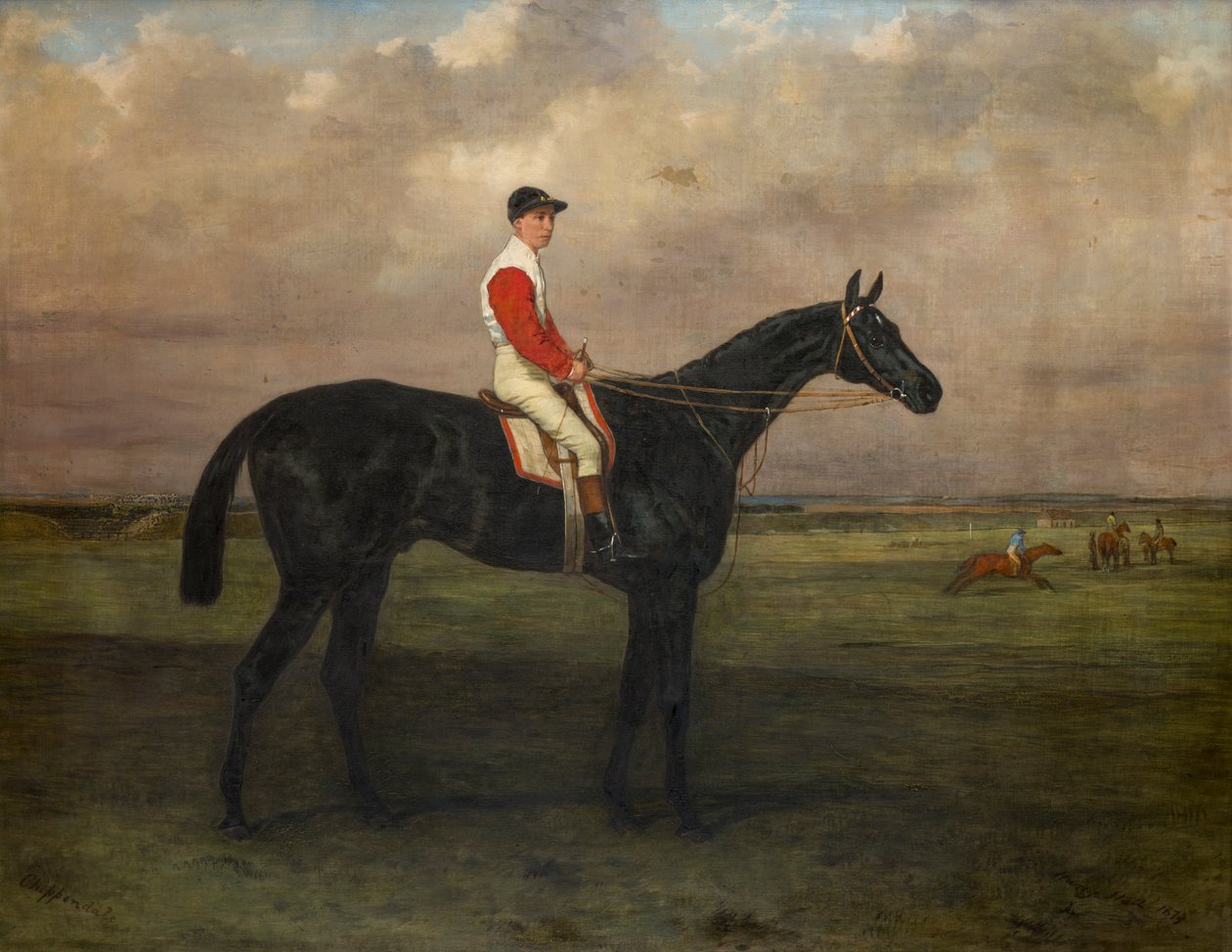 齐彭代尔——纽马克特赛马场上的一匹赛马和骑师，约 1874 年（布面油画） 作者 哈里·霍尔