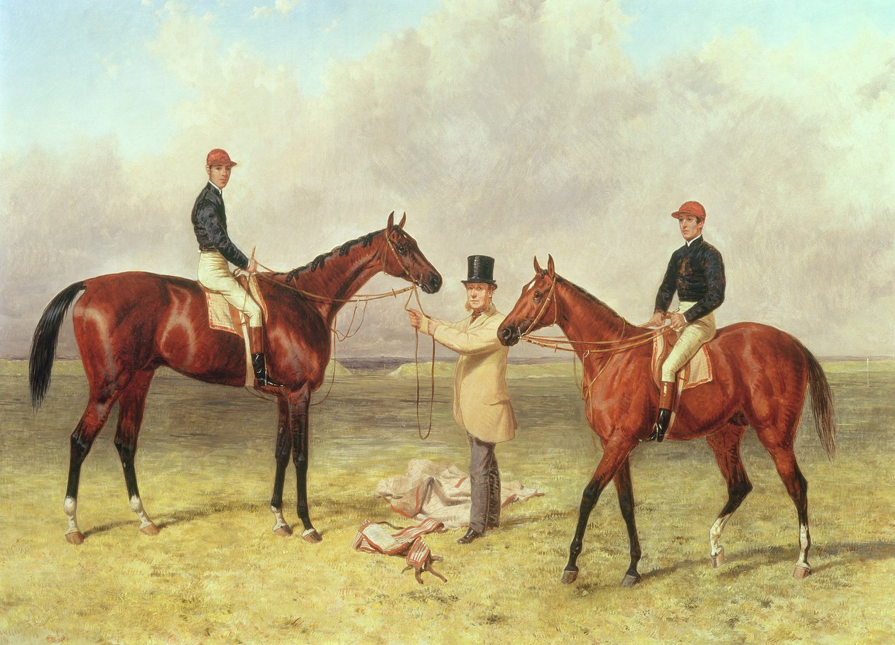 L to R Lord Lyon，Derby，St。Leger和2000 guineas的获胜者; Elland，Ascot Gold Vase的获奖者，由R. Sutton爵士拥有，由James Dover于1866年训练 作者 哈里·霍尔