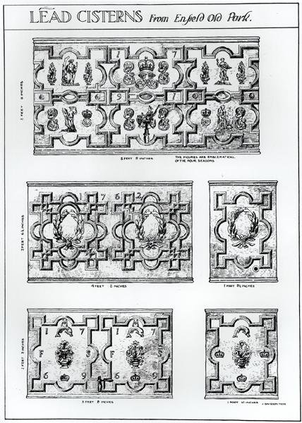 恩菲尔德老公园的铅制蓄水池，约1900年（雕刻）（B/W照片）。 作者 哈里·英戈·特里格斯