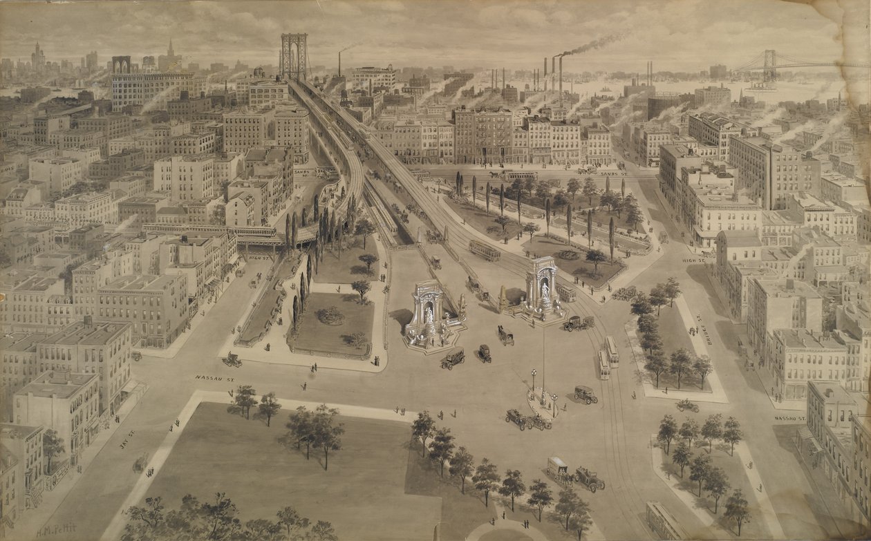曼哈顿大桥的布鲁克林广场，1917年（印度水墨用不透明的白色触摸） 作者 哈里·佩蒂特