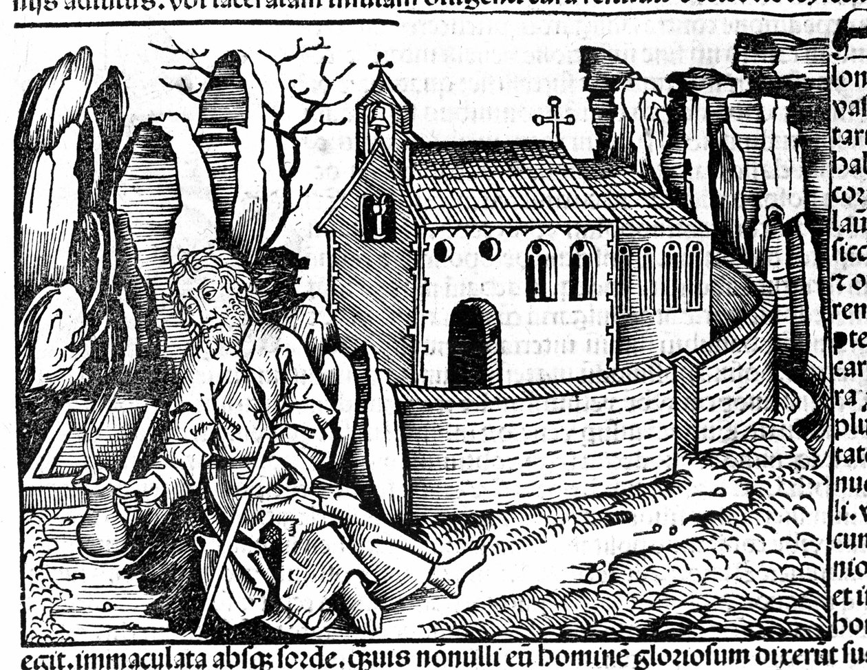 A pilgrim stops in a monastery during his journey after Hartmann Schedel