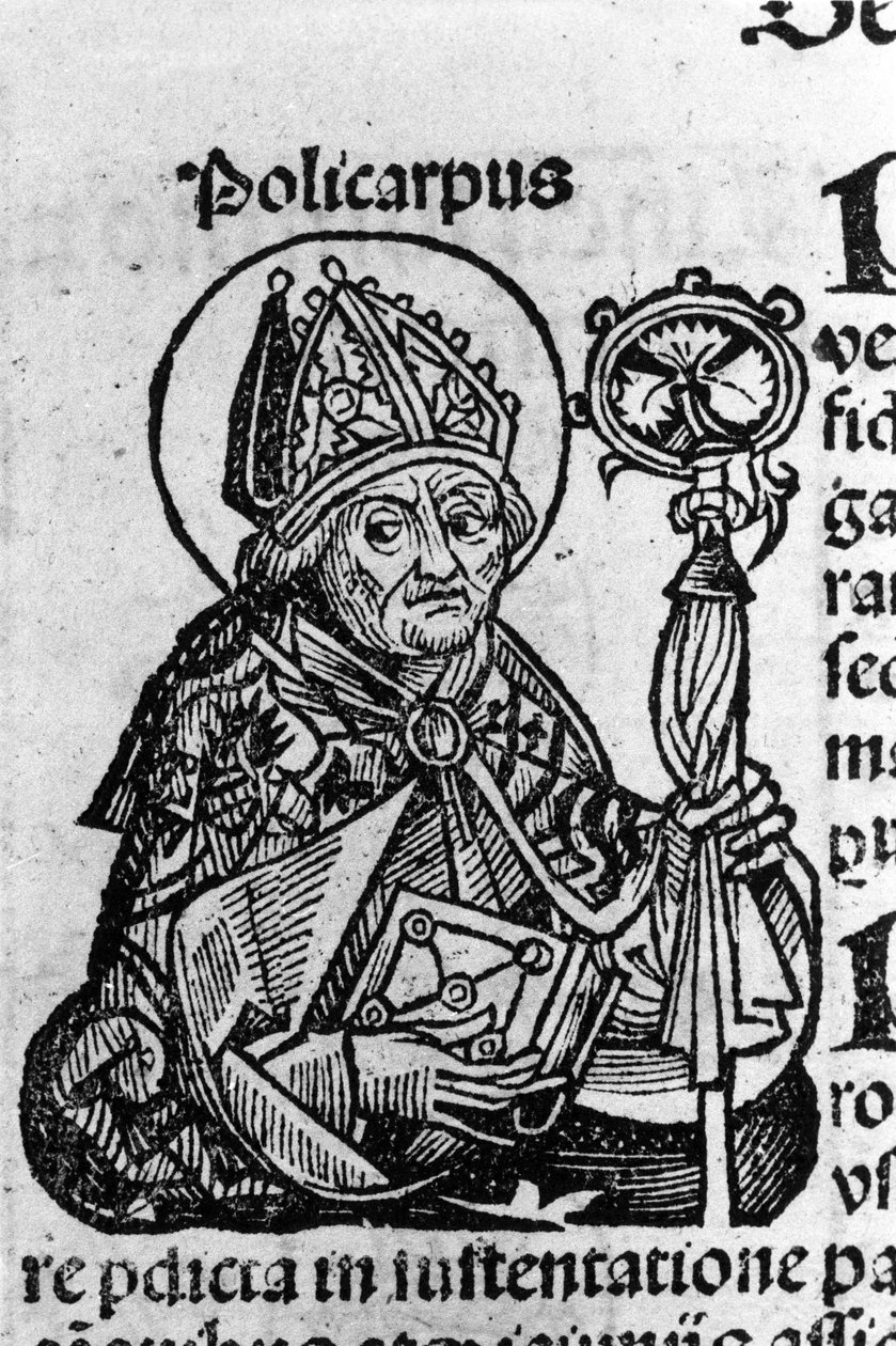 士每拿的圣波利卡普肖像（约 69-155 年），埃维克。 Schedel Hartmann (1440-1514) 雕刻的“纽伦堡编年史” 作者 哈特曼·谢德尔（Hartmann Schedel）