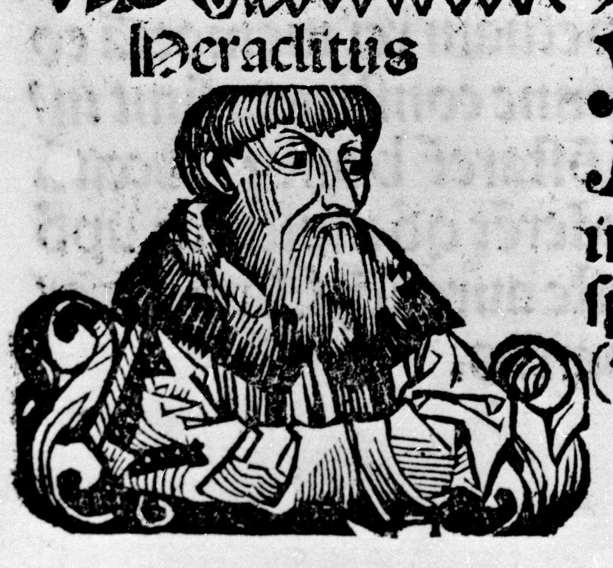 Portrait of the Greek philosopher Heraclite of Ephese (Heraclitus of Ephesus, 576-480 BC). Xylography of “” Chronicles of Nuremberg”” by Hartmann Schedel 作者 哈特曼·谢德尔（Hartmann Schedel）