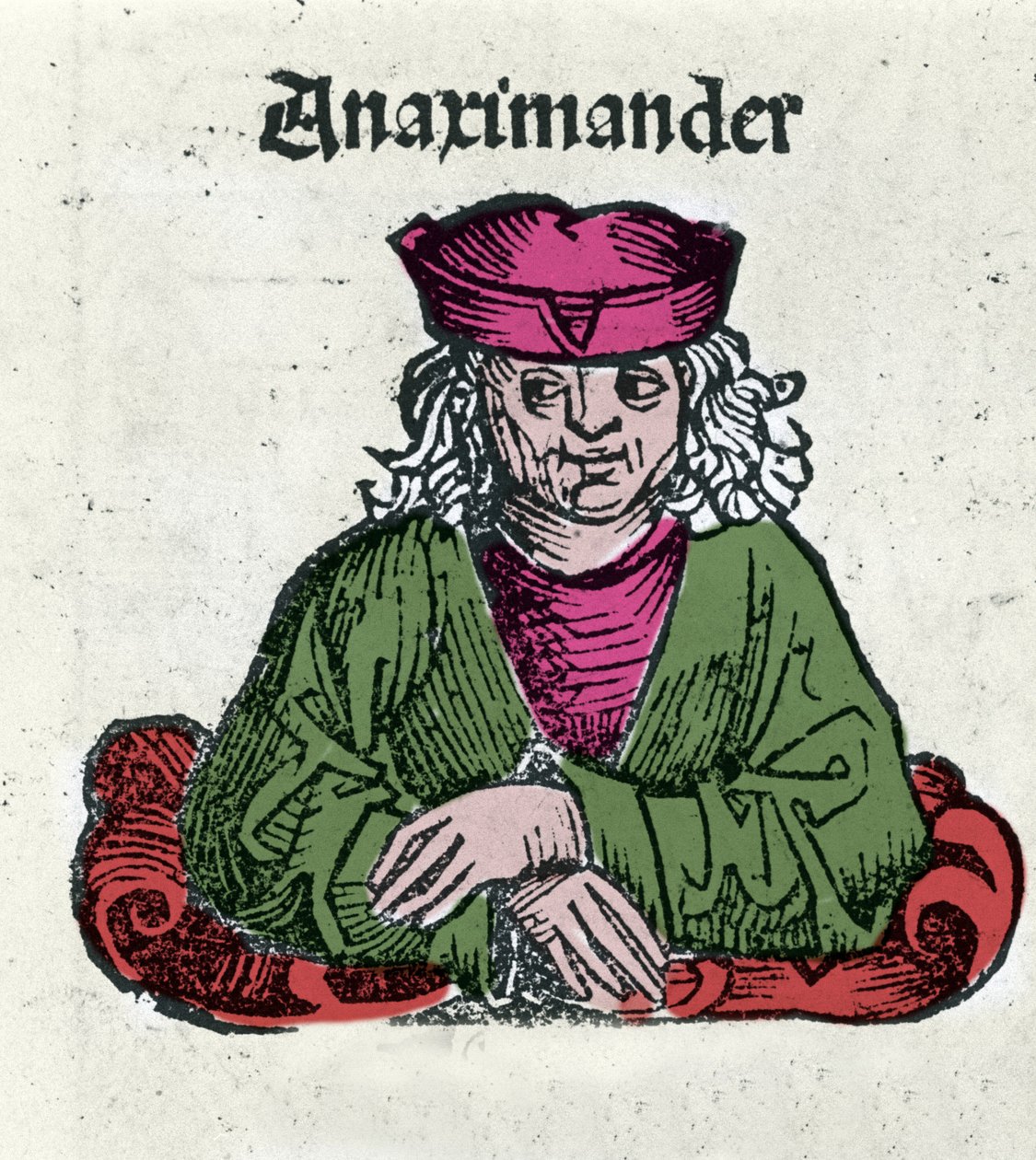 代表 Anaximandros 或 Anaximander De Miletus（公元前 610 - 547 年），希腊哲学家、数学家和天文学家 Hartmann Schedel 的“纽伦堡编年史”木版画 作者 哈特曼·谢德尔（Hartmann Schedel）