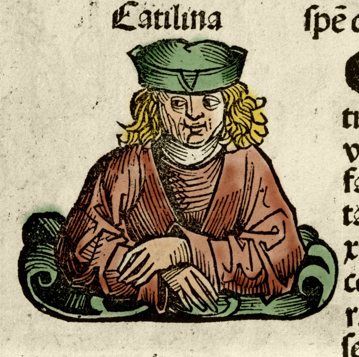 卡蒂利娜 (Lucius Sergius Catilina)（公元前 108-62 年）的代表，他是一位密谋反对参议院的罗马政治家。 来自 Hartmann Schedel 的“Liberchronicarum”雕刻 作者 哈特曼·谢德尔（Hartmann Schedel）